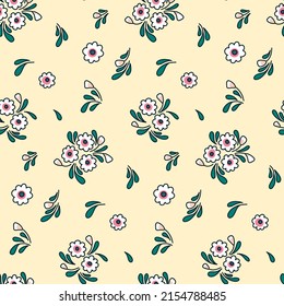 Cute floral print with simple flower bouquets, liberty botanical composition on a light background. Seamless pattern with small cartoon contour flowers, leaves. Vector illustration.