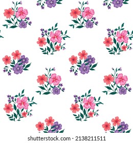 Cute floral print with small islands of hand-drawn plants on a light field. Spring seamless pattern, romantic botanical background with pink flowers, various leaves, grass. Vector illustration.