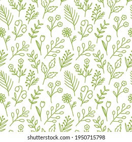 Cute floral print of stylized summer wildflowers drawn in doodle style. Seamless vector illustration of plants for printing on clothes, mugs, notebooks and other products.