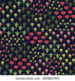 Cute Floral Print With Tiny Pink Flowers, Buds, Leaves On Dark Background. Vector Floral Seamless Pattern. Liberty Style Floral Texture For Fashion, Textile, Home Decor, Stationery Products, Giftwrap