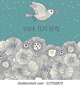 Cute floral romantic background with nice bird in vintage style