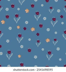 Flores abstratas de padrão rústico floral bonito. Flores pequenas. Impressão de Ditsy. Fundo floral sem emenda. Estampas de moda 