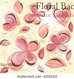 Cute floral seamless background with abstract hand drawn flowers, leafs and hearts for design. eps 10