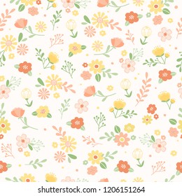 Cute floral seamless background. Flower and leaf pattern illustration.