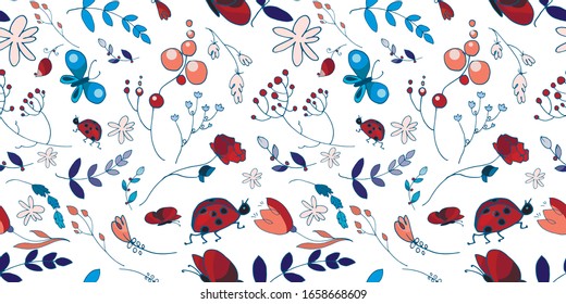 Cute floral seamless horizontal pattern with hand-drawn various plants and insects isolated on white background. Seasonal decoration for textile, print or other products. Vector eps10