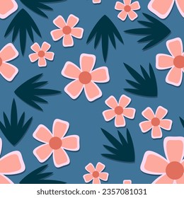 Cute floral seamless pattern with 3D effect. Vector illustration for print, fabric, cover, packaging, interior decor, blog decoration and other your projects.