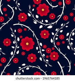cute floral seamless pattern. abstract white branches with leaves, red-yellow flowers of different sizes randomly arranged on a black background. vector
