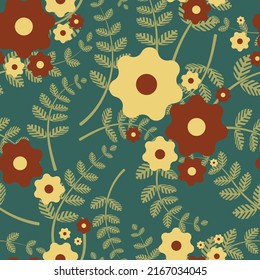 Cute floral seamless pattern. Abstract burgundy yellow flowers and flowing branches with leaves are randomly arranged on a green background. Vector.