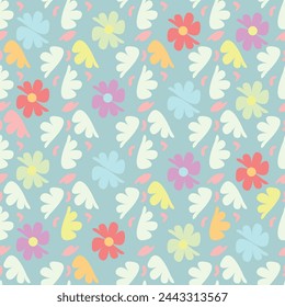 Cute floral seamless pattern with abstract flowers and twigs. Repeat floral pattern on light blue background. Square design. Vector illustration