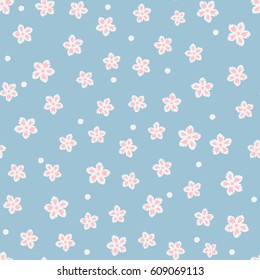 Cute floral seamless pattern. Abstract flowers and polka dot. Drawn by hand. Blue, pink, white. Vector illustration.