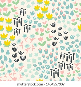 Cute floral seamless pattern arranged in ditsy style. Pastel colored. Design for textile, fabric, decoration, wallpaper, wrapping, or packaging.