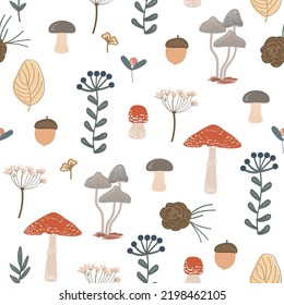 Cute floral seamless pattern. Autumn berries, leaves, brunches and mushrooms. Cute kids background for textiles, fabrics, paper, wallpapers. Vector illustration