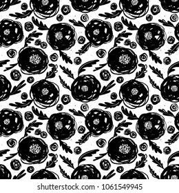 Cute floral seamless pattern. Background with hand drawn flowers and plants. Vector illustration for surface design, textile and fasion prints with blossom and leaves. Black and white colors