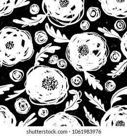 Cute floral seamless pattern. Background with hand drawn flowers and plants. Vector illustration for surface design, textile and fasion prints with blossom and leaves. Black and white colors
