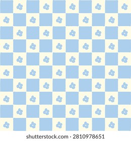 Cute floral seamless pattern background on blue checkered grid. Hand drawn checkers with tiny white flower shapes. Soft pastel aesthetic wallpaper, y2k fabric design, sweet wrapping paper.