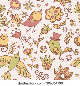 Cute floral seamless pattern with bird and flowers