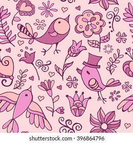Cute floral seamless pattern with bird and flowers