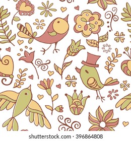 Cute floral seamless pattern with bird and flowers