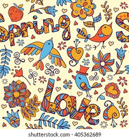 Cute floral seamless pattern with bird and flowers