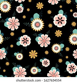 Cute floral seamless pattern with black background