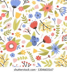 Cute floral seamless pattern with blooming spring plants on white background. Backdrop with motley meadow flowers and berries. Flat seasonal vector illustration for wrapping paper, textile print.