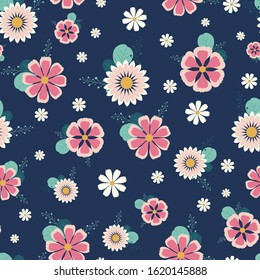 Cute floral seamless pattern with blue background