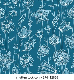 Cute floral seamless pattern in blue and white colors