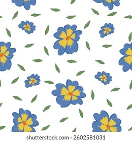 Cute floral seamless pattern with blue flowers and green leaves of primrose. Vector illustration on white background.