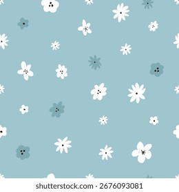Padrão Floral Bonito Sem Costura. Fundo de flor azul e branco. Impressão Floral Desenhada à Mão Simples para Tecido e Decoração