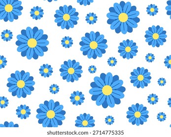Nettes florales nahtloses Muster mit blauen Gänseblümchen. Wiederholt fröhlichen Cartoon botanischen Hintergrund in , geeignet für Kinder Designs, Stoffe, Tapeten, Papier und Sommer-oder Frühling-Projekte.