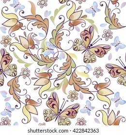 Cute floral seamless pattern with blue butterflies. Vector floral background for greeting cards, invitations. Decorative ornament backdrop for fabric, textile, wrapping paper.