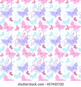 Cute Floral seamless pattern with blue and pink butterflies and hearts. Decorative ornament backdrop for fabric, textile, wrapping paper.