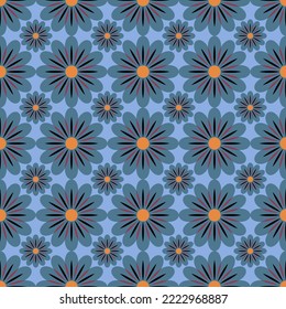Cuidada estampación floral sin fisuras en tonos azulados-anaranjados. Ilustración vectorial para impresión, tela, cubierta, embalaje, decoración interior, decoración de blogs y otros proyectos.
