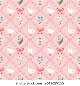 Cute floral seamless pattern with bows, flowers and goose. Preppy spring summer print. Cottagecore aesthetic. Cozy modern background. Vintage damask design for fabric, wallpaper or wrapping paper.