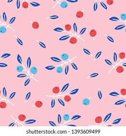 Cute floral seamless pattern with branches and berries. On a pink background. For printing on paper, textiles. Vector illustration.