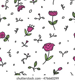 Cute floral seamless pattern in bright colors. Cute cartoon flowers with leaves. Stylish background in vector.