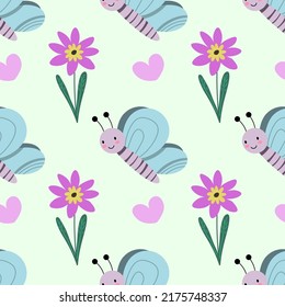 Cute floral seamless pattern. Cartoon bugs, plants, herbs, flowers. Vector illustration on white background. Childish ornament for wrapping paper and textile. EPS