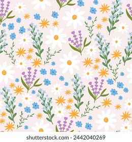 Cute floral seamless pattern, cartoon flat vector illustration. Hand dawn background with spring and summer blooming flowers. Meadow pattern, great for textile and fabric.