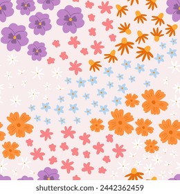 Cute floral seamless pattern, cartoon flat vector illustration. Spring meadow background with various flowers. Hand drawn plants. Concepts of nature and summer. Great for textile and fabric print.