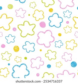 Cute Floral seamless Pattern for Children. Abstract Flower Dots texture. Funny Crayon Pencil kids Drawings Background. Doodle art for Wallpaper textile wrapping paper Package. Vector illustration