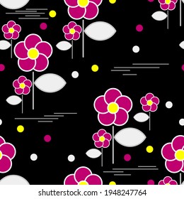 lindo patrón floral sin costuras. círculos, rayas, flores amarillas rosadas con tallos grises y hojas colocadas al azar sobre un fondo negro. vector