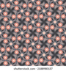 Cute floral seamless pattern in coffee coral tones. Overlapping art forms, stripes, polygons, segments are grouped and arranged in a certain order. Vector. 