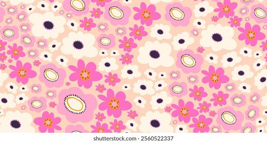 Cute Floral Seamless Pattern with Colorful Doodle Spring Flowers. Cartoon stylized summer plants in hand drawn style. Sweet nature design for textile, fashion fabric, home decor, wall art, cards