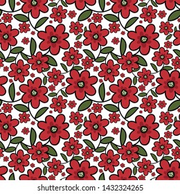 Cute floral seamless pattern of doodle red flowers with green leaves branches on white color background. Vector illustration.