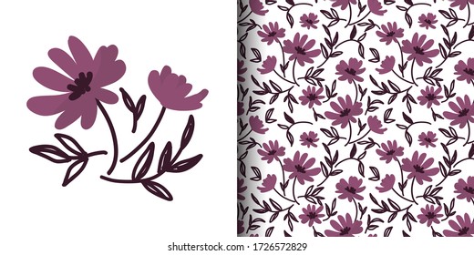 Patrón de flores de doodle con flores florales sin costura, con hojas sobre fondo de color blanco. Ilustración vectorial.
