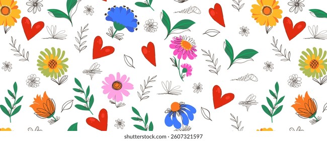 Cute Floral Seamless Pattern in Doodle Style. Colorful flowers with cute lines isolated on white background. Nature design with plants perfect for invitations, cards, posters, holidays 
