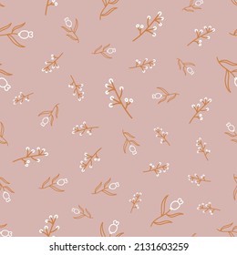 Cute floral seamless pattern with dusty pink color in doodles hand drawn style. Trendy small flower and leaves vector background for feminine print, textile, fashion, wallpaper, wrap gift, fabric