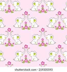 Cute floral seamless pattern with elephants. Childish vector background.