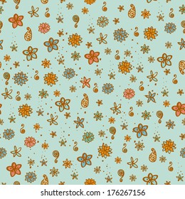 Cute floral seamless pattern. Endless template with decorative flowers and spiral elements. Template for design and decoration textile, backgrounds, wrapping paper