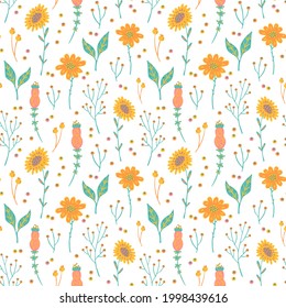 cute floral seamless pattern, endless repeatable plants texture in soft pastel colors, vector illustration background